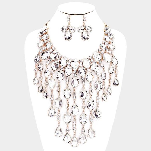Clear Oval Crystal Stone Accented Statement  Necklace Set - Picture 1 of 6